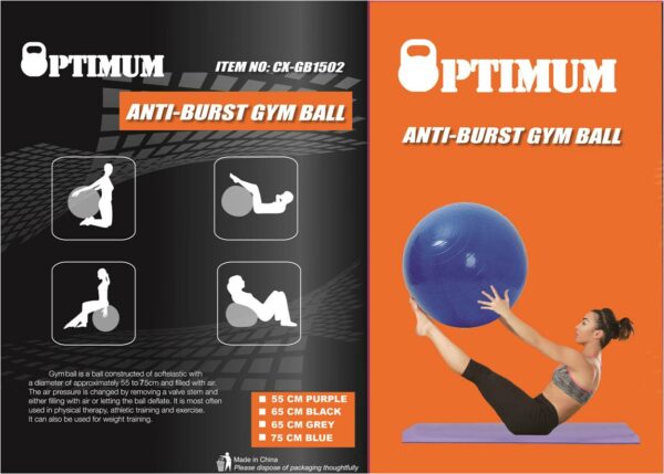 GYM BALL 55CM (BLACK) ANTI-BURST 900GR OPTIMUM - Image 2