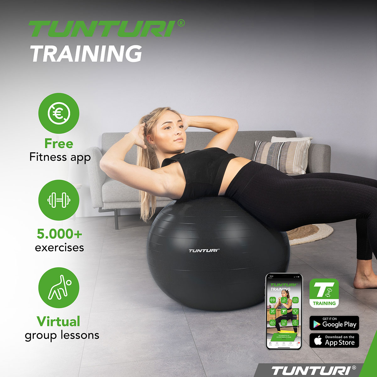 Tunturi Μπάλα Gymball 90cm Μαύρη Anti Burst - Image 2